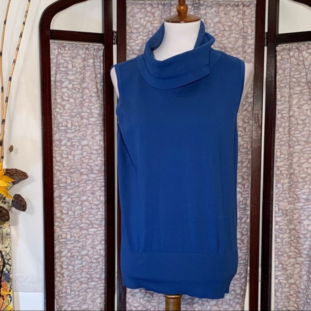 Blue cowled turtleneck sleeveless top.